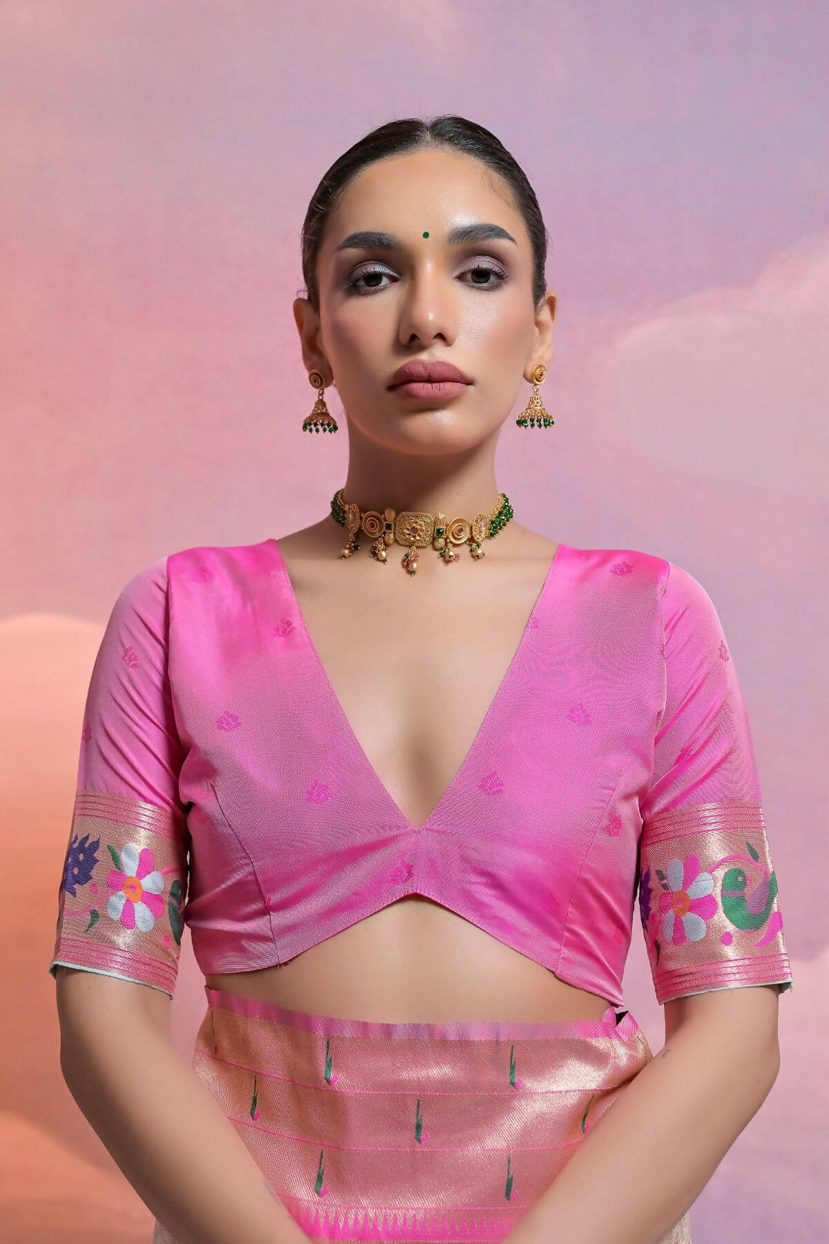 Women Paithani Vani Baby Pink Saree With Unstiched Blouse