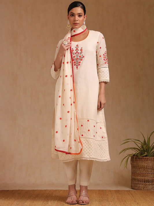 Dhiyona SO Women's Women Solid Embroidered Kurta with Trousers & Dupatta