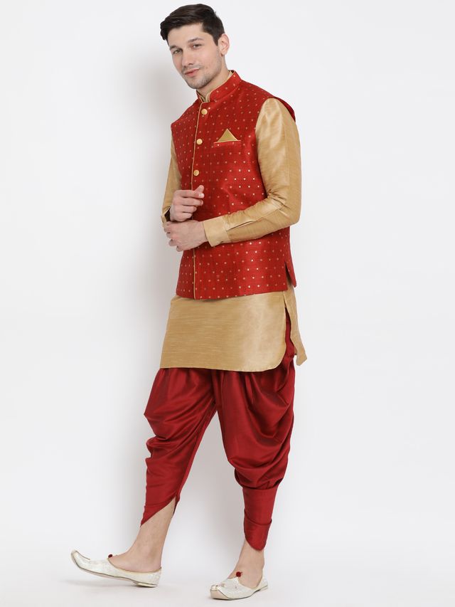 Men's Gold Silk Blend Straight Jacket  Kurta and Dhoti Set