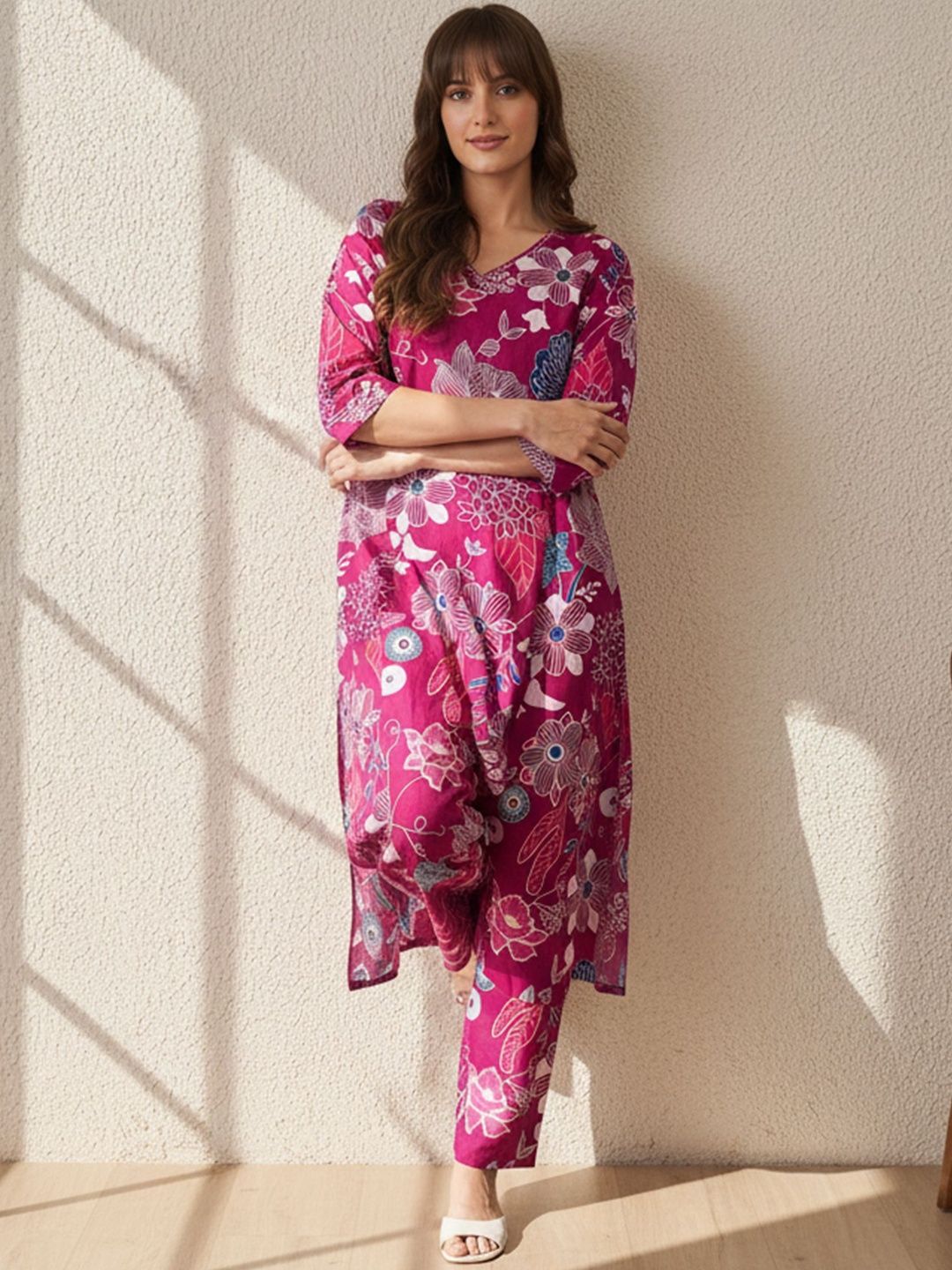 Floral Printed V-Neck Pure Cotton A-Line Kurta With Trouser