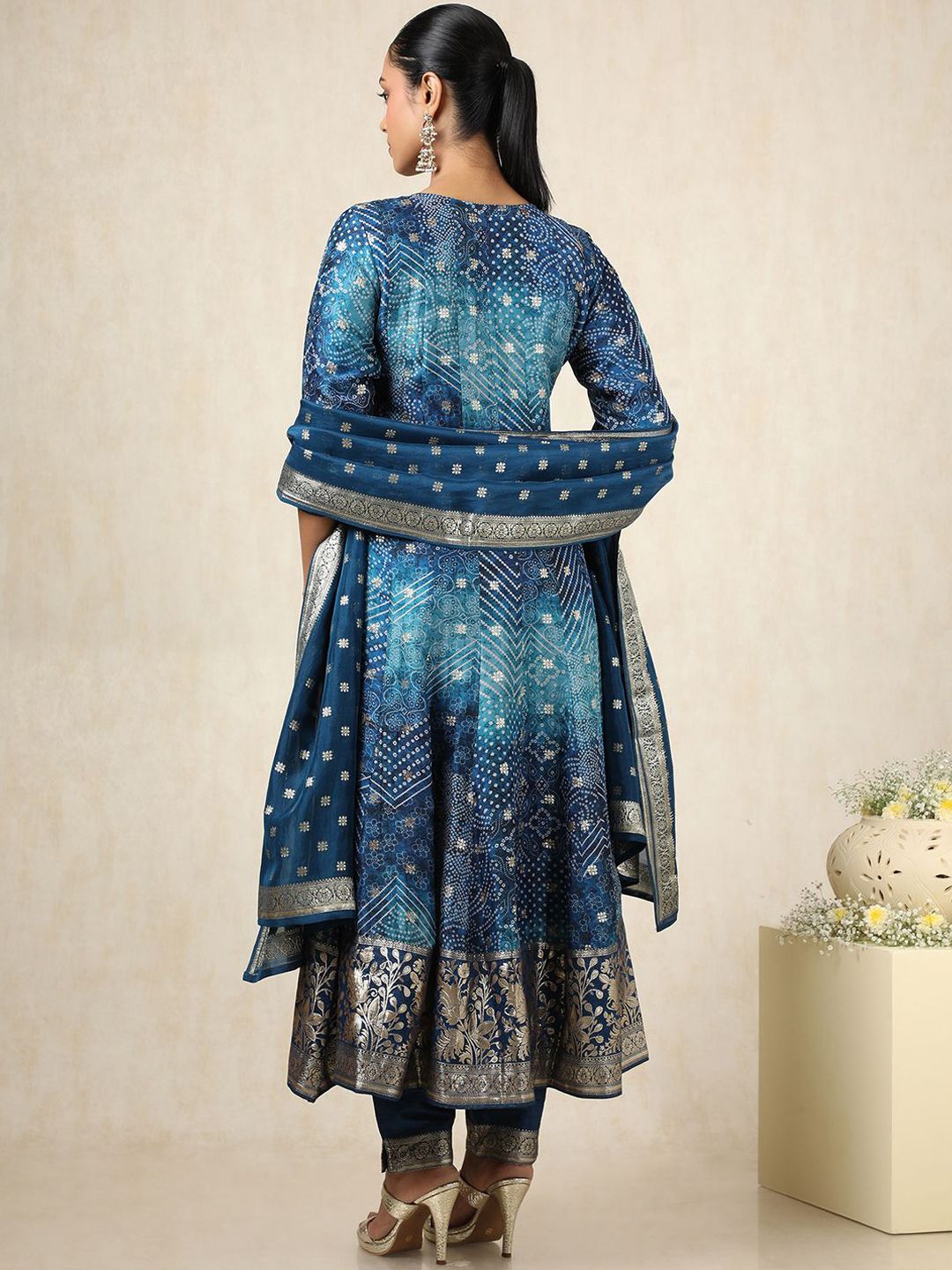 Dhiyona SO Women's Bandhani Printed Zari Work Brocade Anarkali Kurta With Trousers And Dupatta