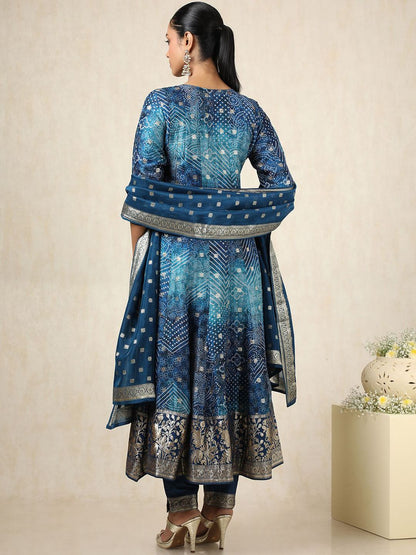 Dhiyona SO Women's Bandhani Printed Zari Work Brocade Anarkali Kurta With Trousers And Dupatta