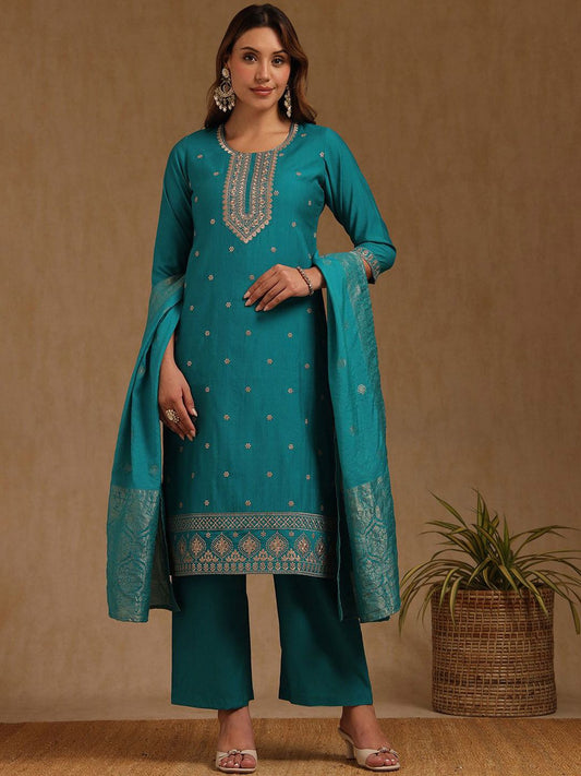 Dhiyona SO Women's Ethnic Motifs Embroidered Round Neck Straight Kurta With Palazzo & Dupatta