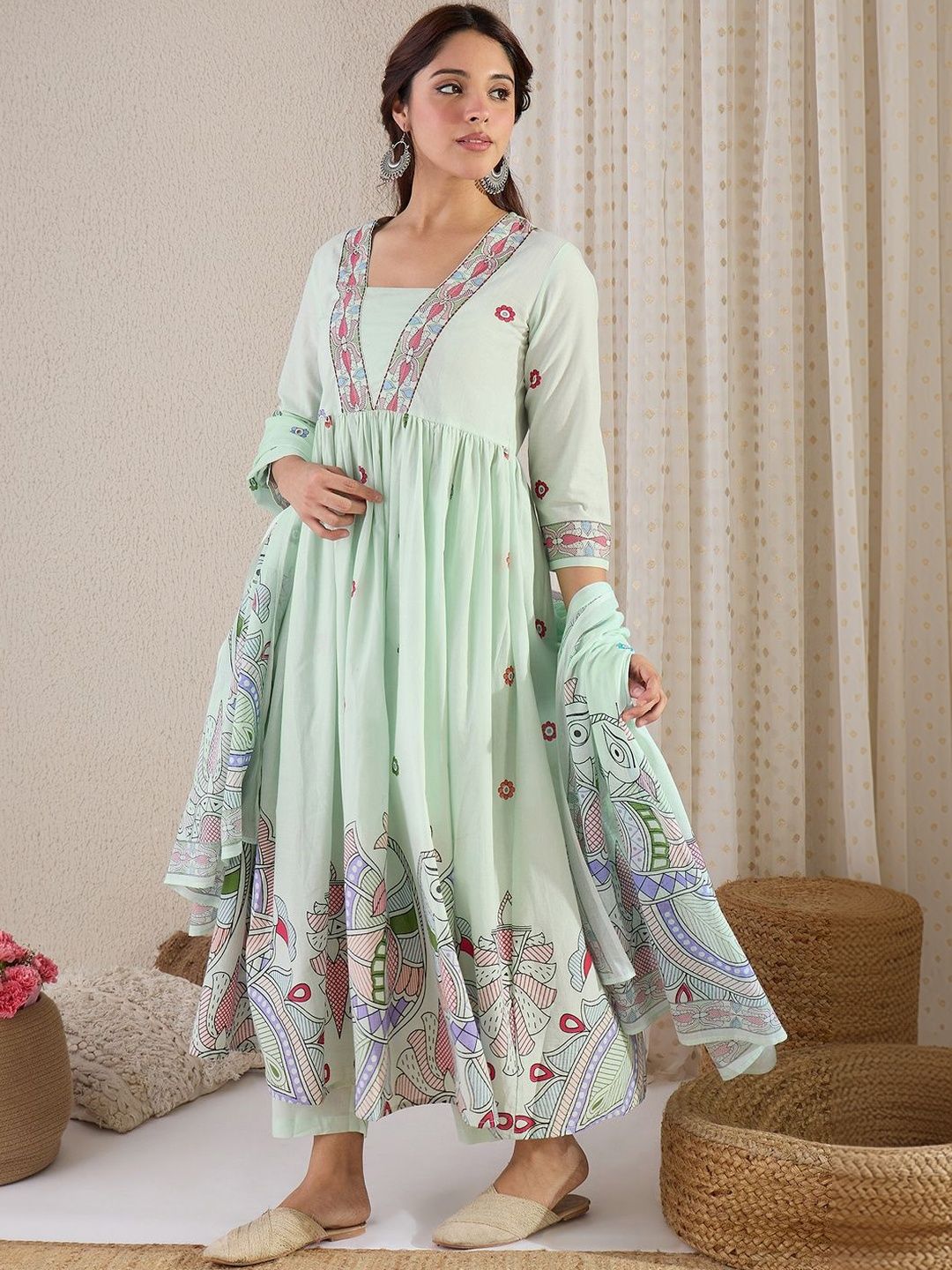 Ethnic Motifs Printed Panelled Pure Cotton Kurta with Trousers & With Dupatta