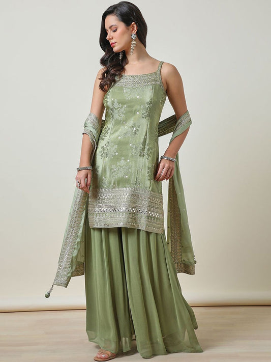 Dhiyona SO Women's Floral Embroidered Mirror Work Straight Kurti with Palazzos & Dupatta