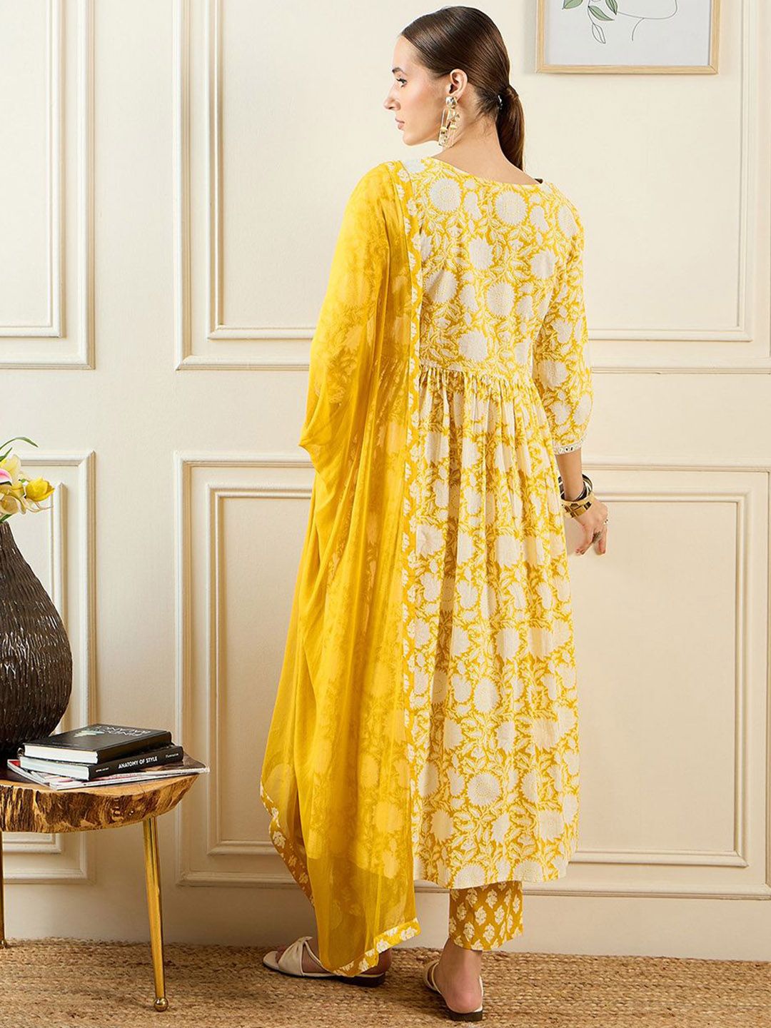 Dhiyona IE Floral Printed A-Line Mirror Work Pure Cotton Kurta with Trousers & Dupatta