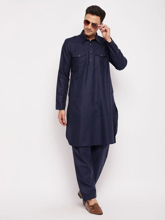 Men's Blue Cotton Blend Pathani Pathani Kurta Set