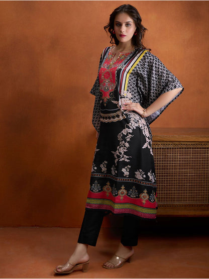Dhiyona WP Ethnic Motifs Printed Notch Neck Beads and Stones Kaftan Kurta Wiith Trousers