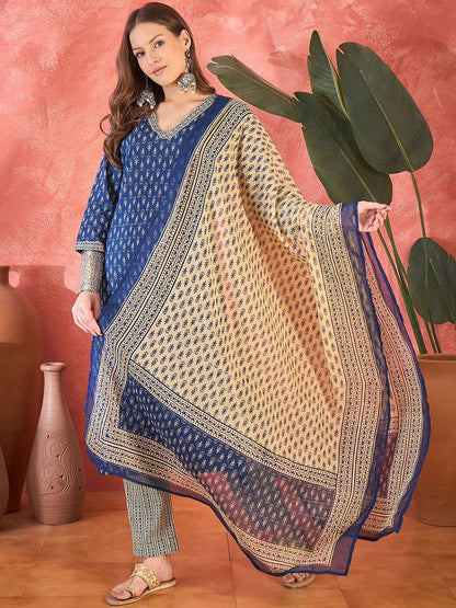 Dhiyona SN Women's Floral Printed V Neck Pure Cotton Kurta With Trousers & Dupatta