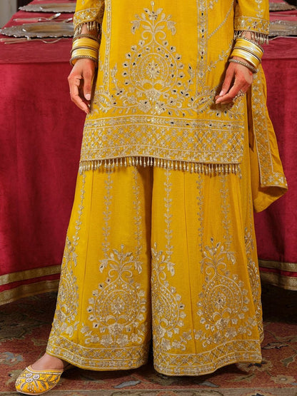 Ethnic Motifs Embroidered Straight Mirror Work Kurta With Palazzos & Dupatta