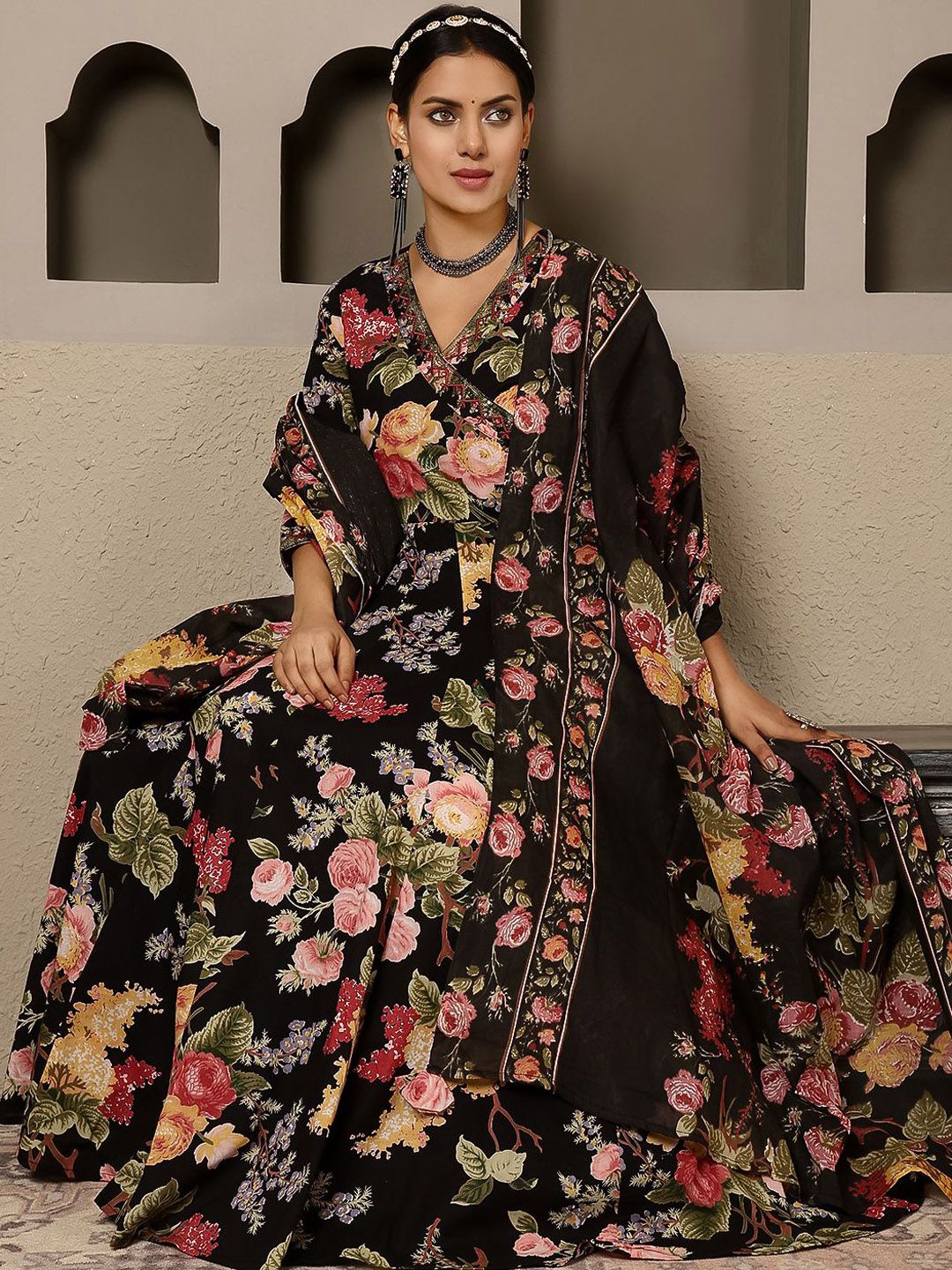 Dhiyona SN Women's Floral Printed Pure Cotton Anarkali Kurta with Palazzo & Dupatta