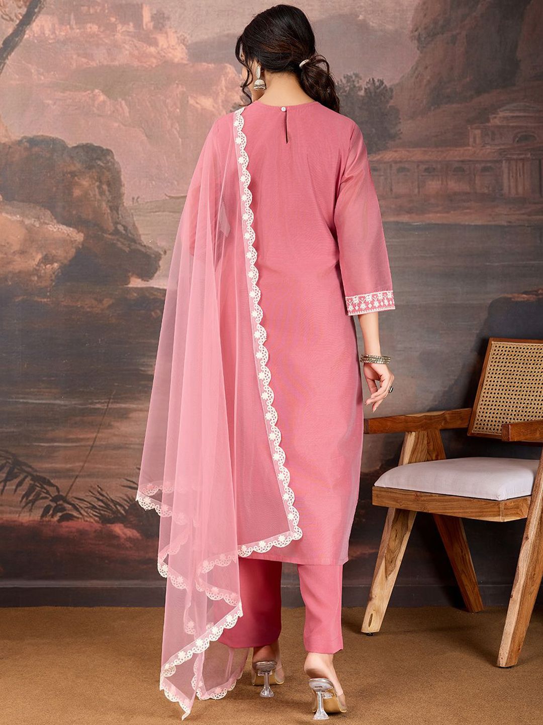 Dhiyona PD Women Floral Embroidered Chanderi Cotton Straight Kurta With Trousers & Dupatta