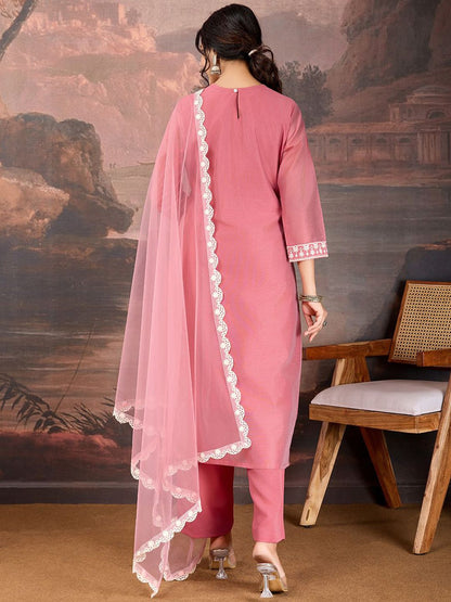 Dhiyona PD Women Floral Embroidered Chanderi Cotton Straight Kurta With Trousers & Dupatta