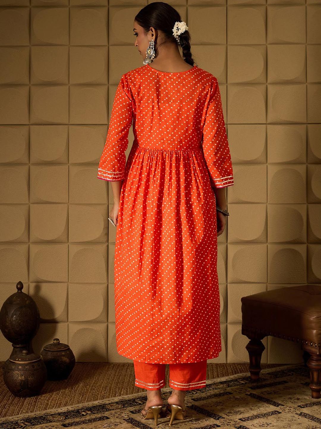 Dhiyona IE Bandhani Embroidered Empire Sequined A-Line Pure Cotton Kurta With Trousers