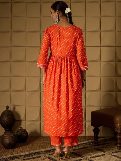 Dhiyona IE Bandhani Embroidered Empire Sequined A-Line Pure Cotton Kurta With Trousers