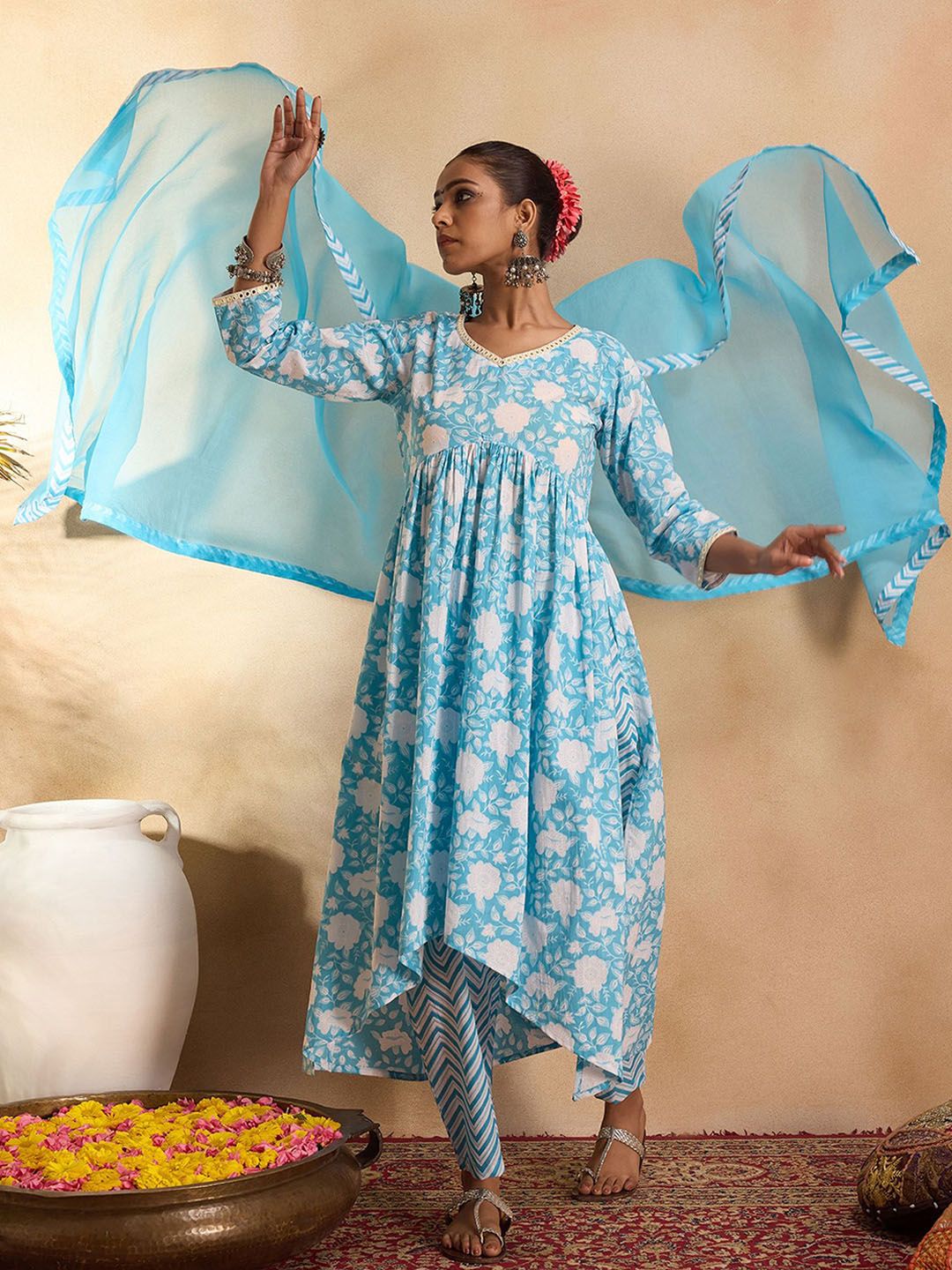 Floral Printed Empire Mirror Work Pure Cotton Kurta with Trousers & With Dupatta