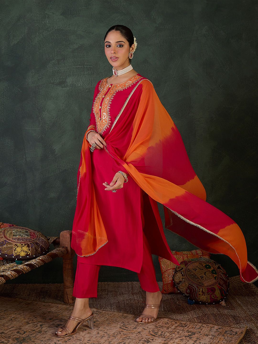 Ethnic Motifs Embroidered Straight Thread Work Kurta With Trouser & Dupatta