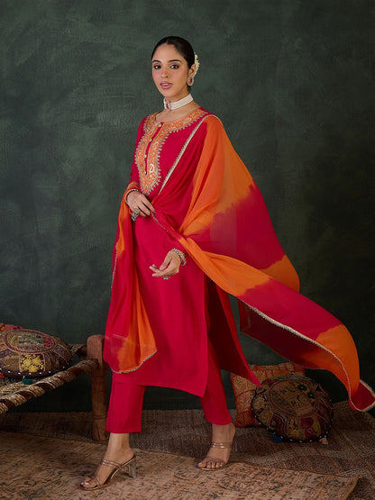 Ethnic Motifs Embroidered Straight Thread Work Kurta With Trouser & Dupatta