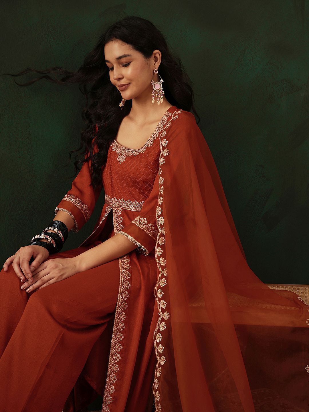 Dhiyona SN Women's Sequence Embroidered Front Slit Kurta With Trousers & Dupatta