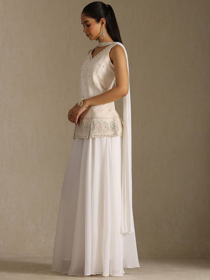 Dhiyona SO Women's Ethnic Motifs Embroidered V-Neck Mirror Work Georgette Kurta With Palazzos & Dupatta