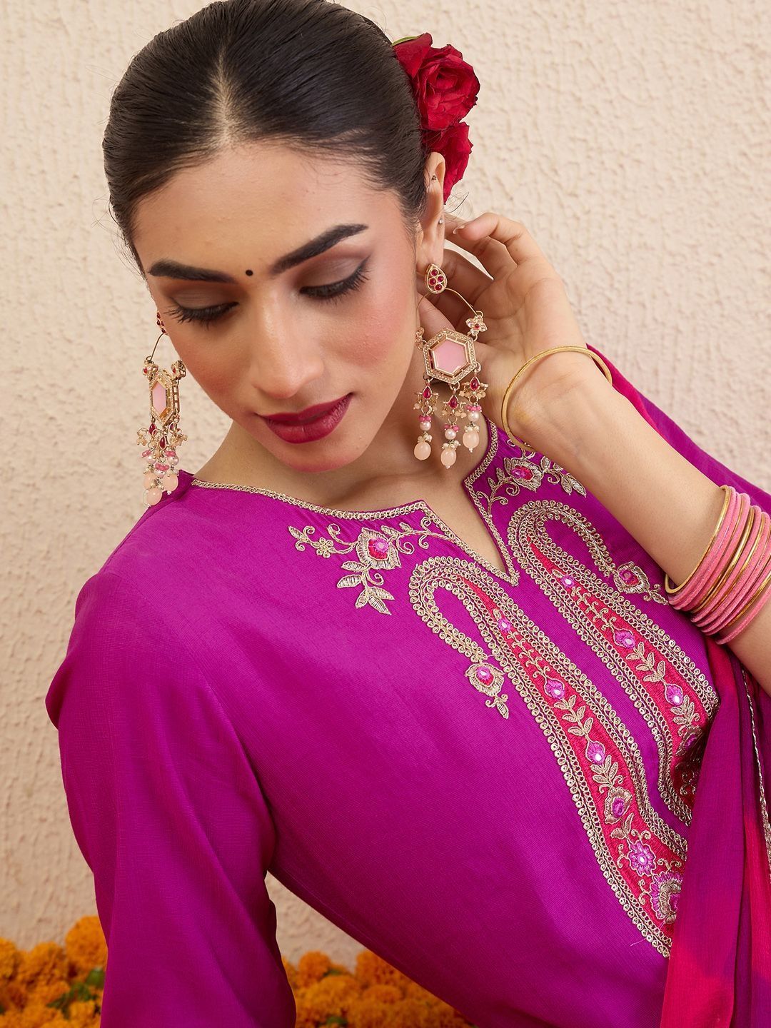 Women Ethnic Motifs Embroidered Regular Thread Work Kurta with Trousers & With Dupatta