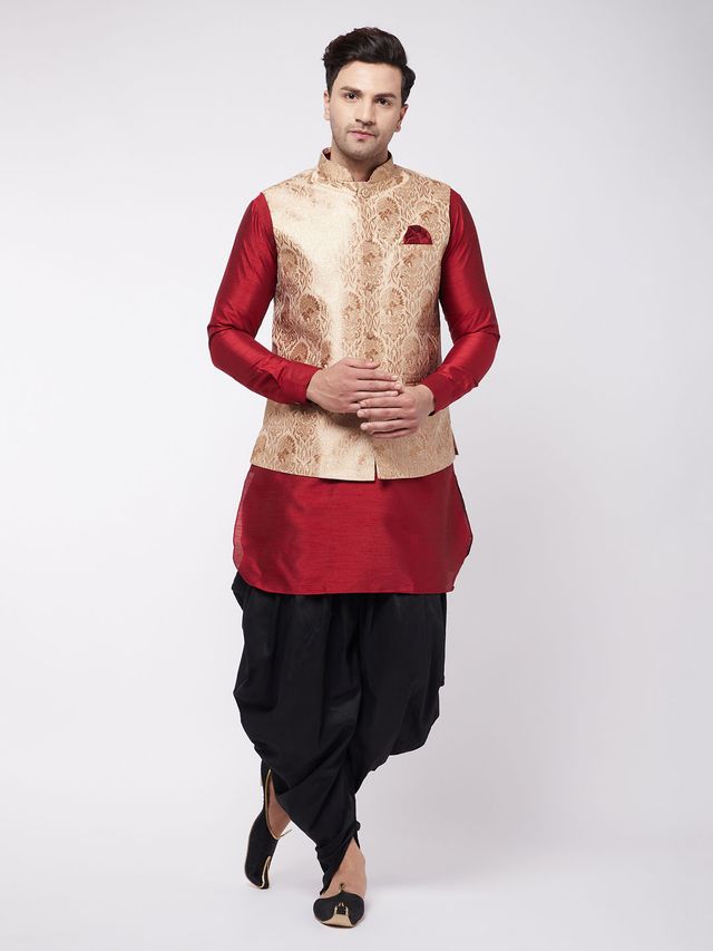 Men's Maroon Silk Blend Straight Jacket  Kurta and Dhoti Set