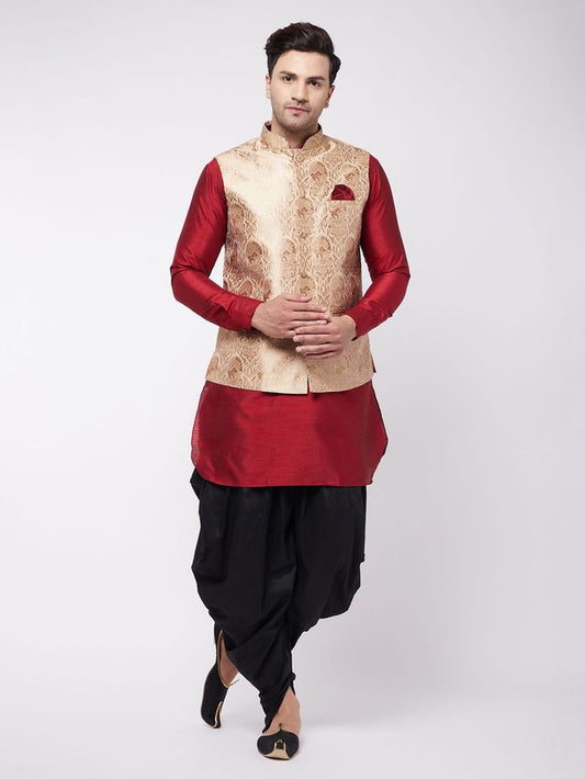 Men's Maroon Silk Blend Straight Jacket  Kurta and Dhoti Set