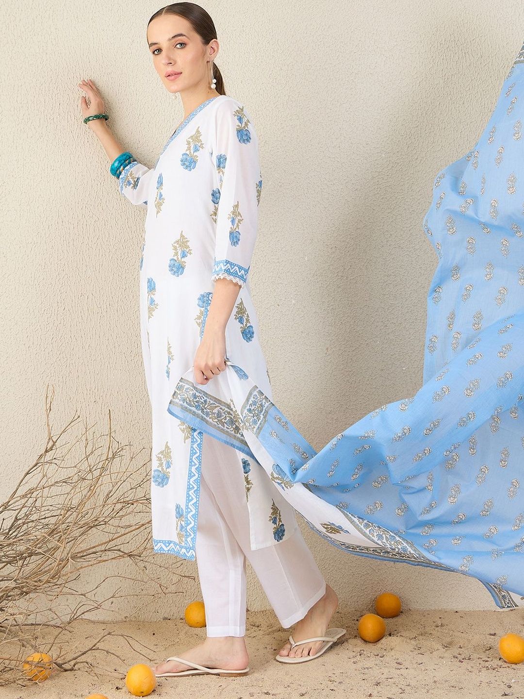 Floral Printed V-Neck Sequinned Pure Cotton Straight Kurta & Trouser With Dupatta