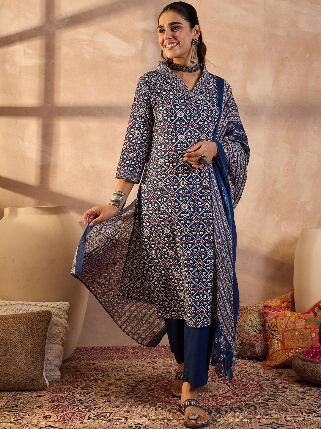 Women Ethnic Motifs Printed Cotton Kurta with Trousers & Dupatta