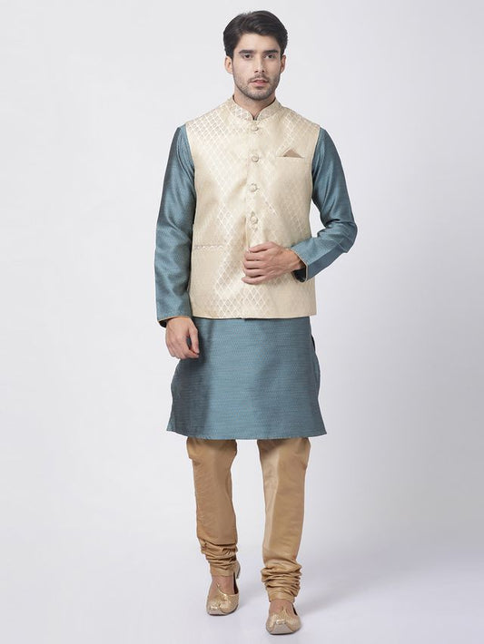 Men's Light Blue Silk Blend Straight Jacket  Kurta and Pyjama Set