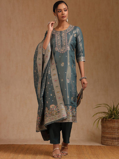 Dhiyona SO Women's Women Floral Embroidered Regular Chanderi Cotton Kurta with Trousers & With Dupatta