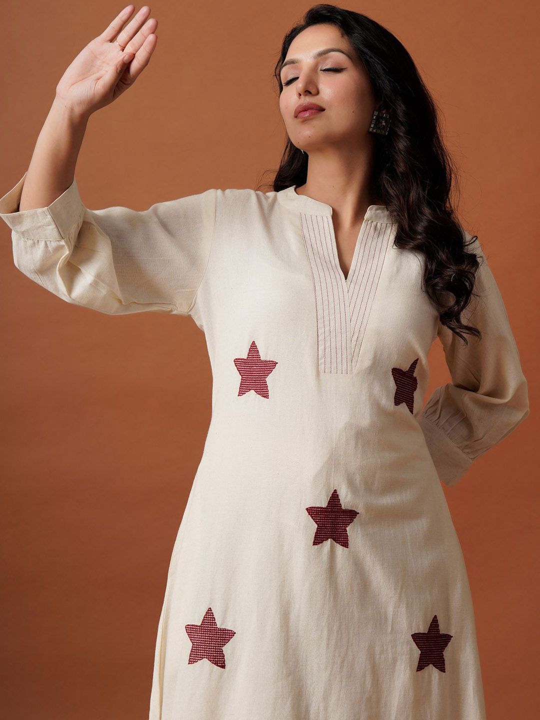 Dhiyona IE Embroidered Mandarin Collar Pure Cotton A-Line Top With Trousers