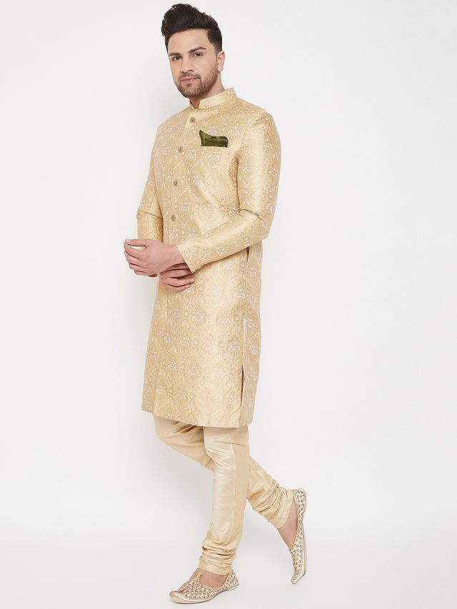 Men's Gold Silk Blend Straight Sherwani Set