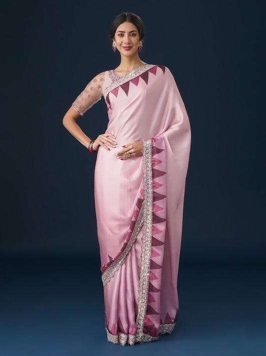 Dhiyona KS Women's Sequin Embellished Geometric Printed Satin Saree