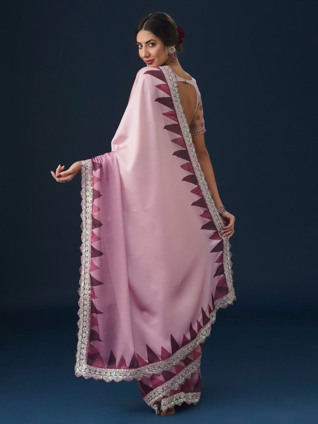 Dhiyona KS Women's Sequin Embellished Geometric Printed Satin Saree