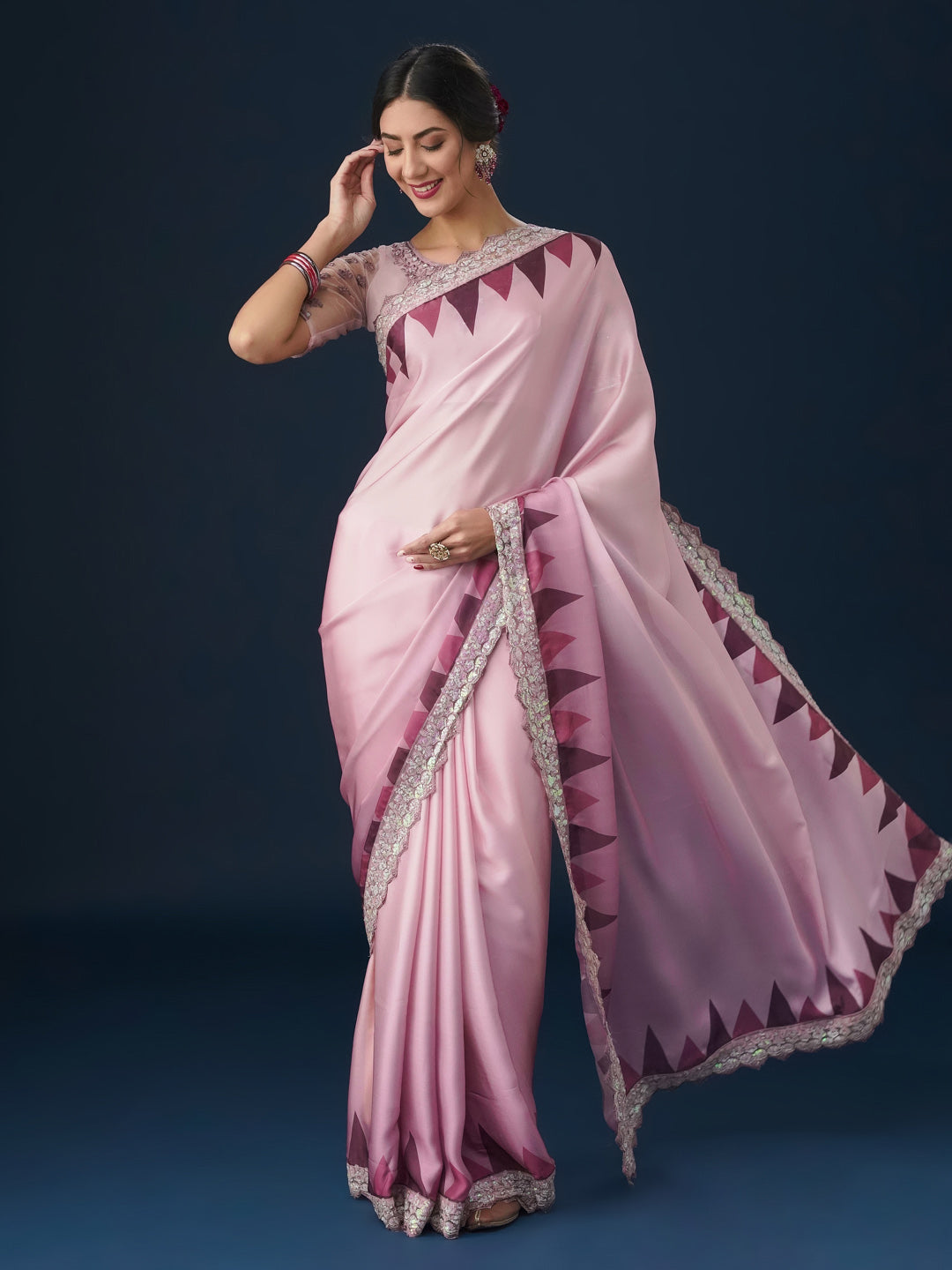 Dhiyona KS Women's Sequin Embellished Geometric Printed Satin Saree