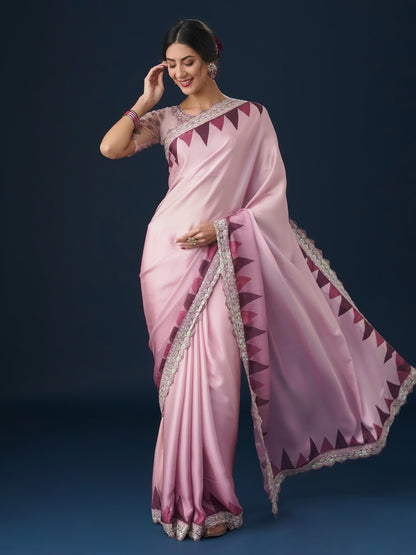 Dhiyona KS Women's Sequin Embellished Geometric Printed Satin Saree
