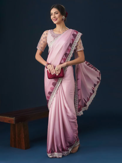 Dhiyona KS Women's Sequin Embellished Geometric Printed Satin Saree