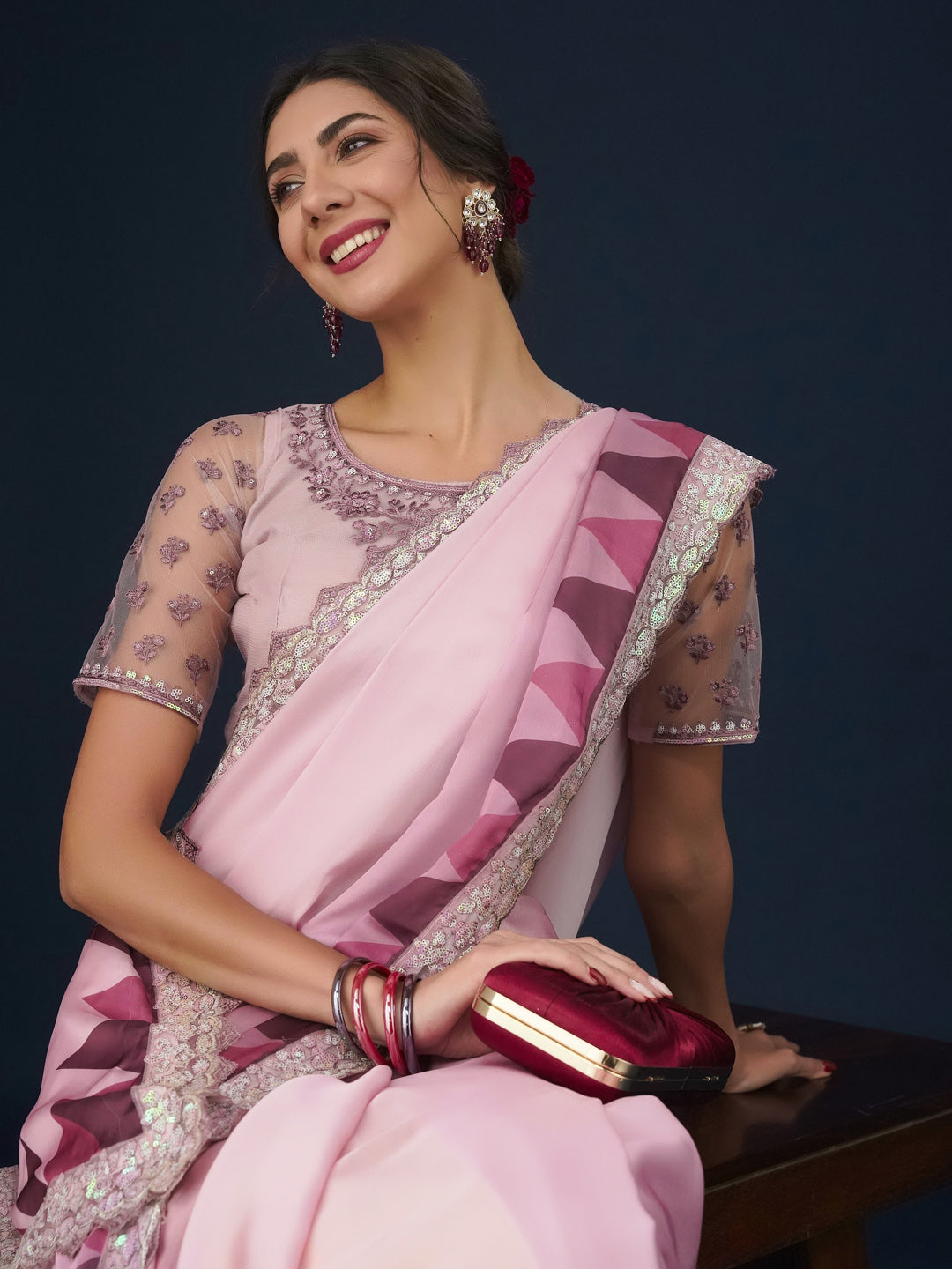 Dhiyona KS Women's Sequin Embellished Geometric Printed Satin Saree
