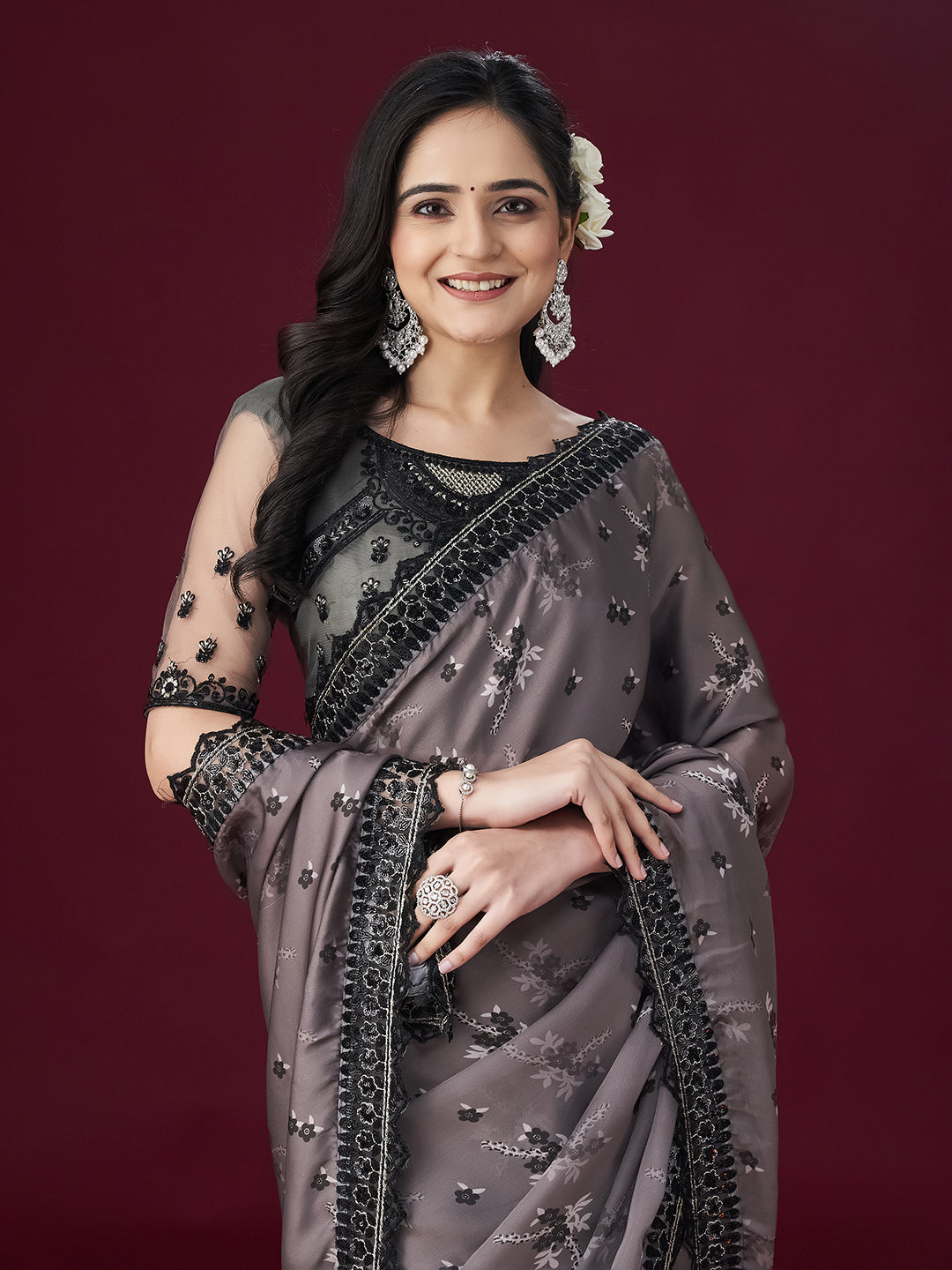 Dhiyona KS Women's Floral Printed Embellished Sarees