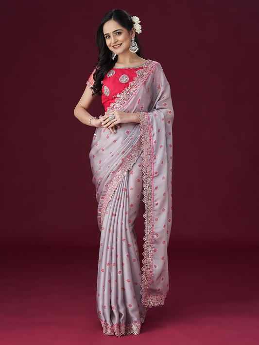 Dhiyona KS Women's Floral Printed Sequin Embellished Satin Saree