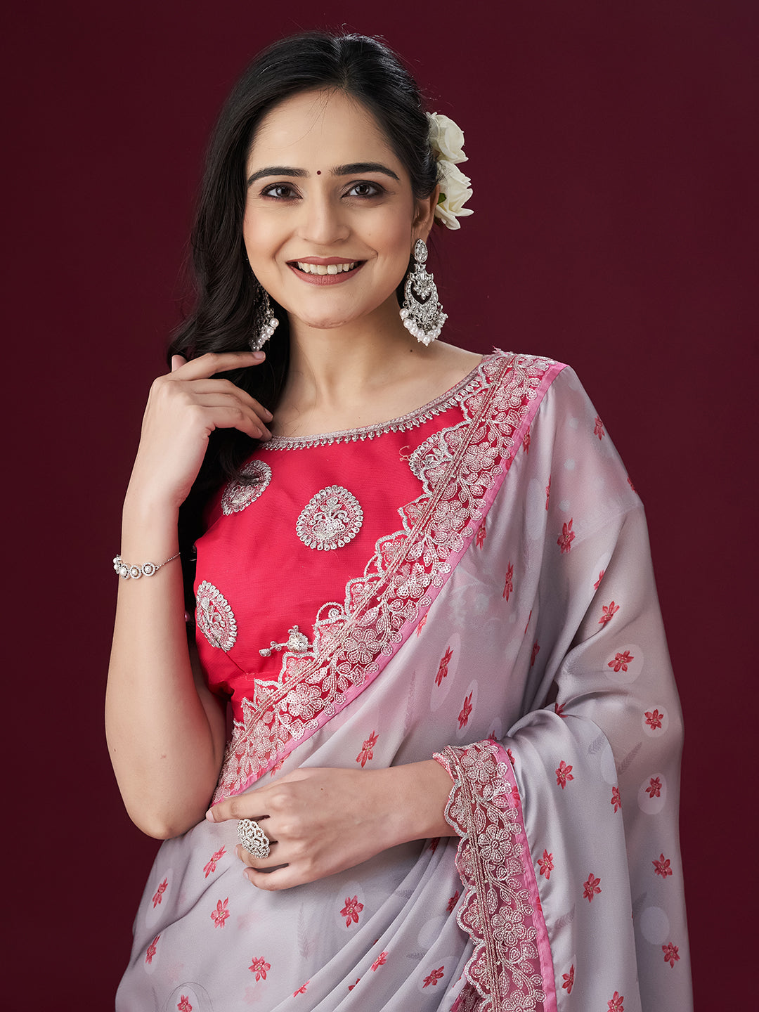 Dhiyona KS Women's Floral Printed Sequin Embellished Satin Saree