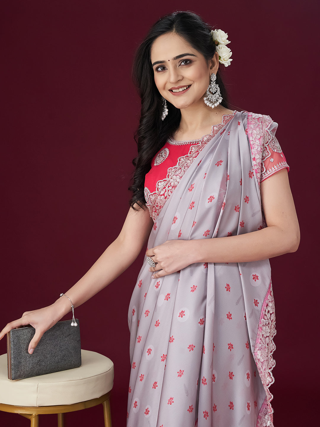 Dhiyona KS Women's Floral Printed Sequin Embellished Satin Saree
