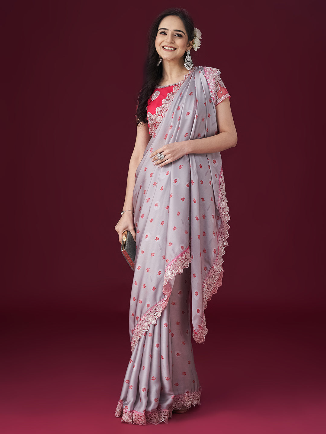Dhiyona KS Women's Floral Printed Sequin Embellished Satin Saree