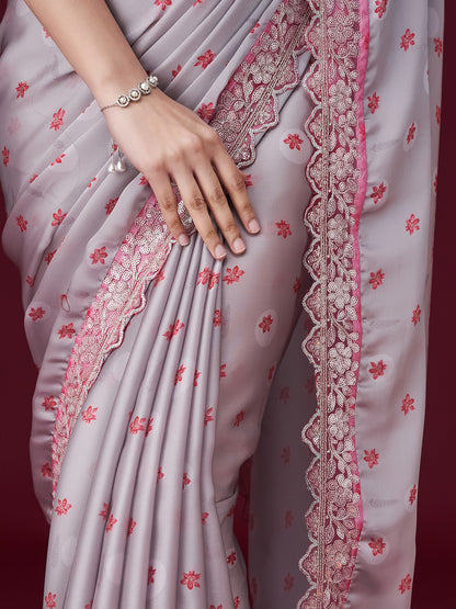 Dhiyona KS Women's Floral Printed Sequin Embellished Satin Saree