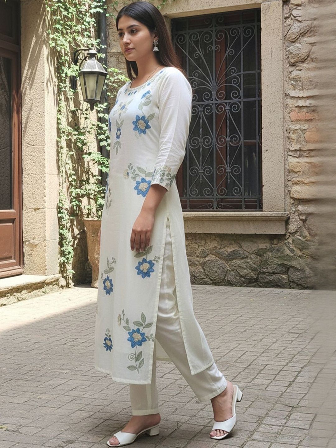 Women Pure Cotton Floral Embroidered Kurta Set With Trousers & Dupatta