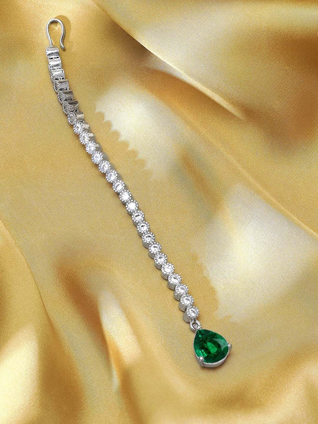 Dhiyona RJ Women's 22KT Gold-Plated Cubic Zirconia Studded & Emerald Drop Handcrafted Maang Tikka