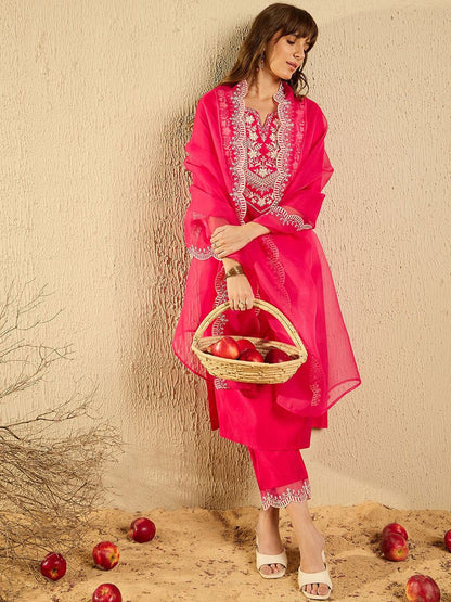 Dhiyona IE Women Floral Embroidered Regular Thread Work Liva Kurta with Trousers & With Dupatta