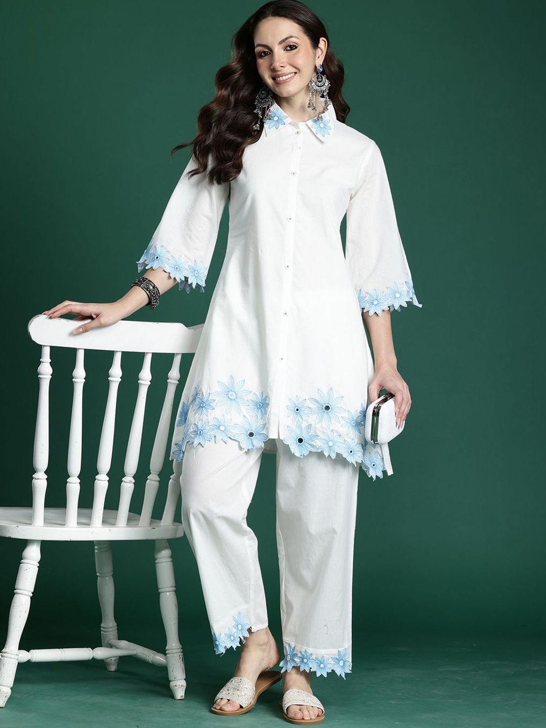 Dhiyona IE Embroidered Pure Cotton Shirt Collar Tunic With Trousers Co-Ords