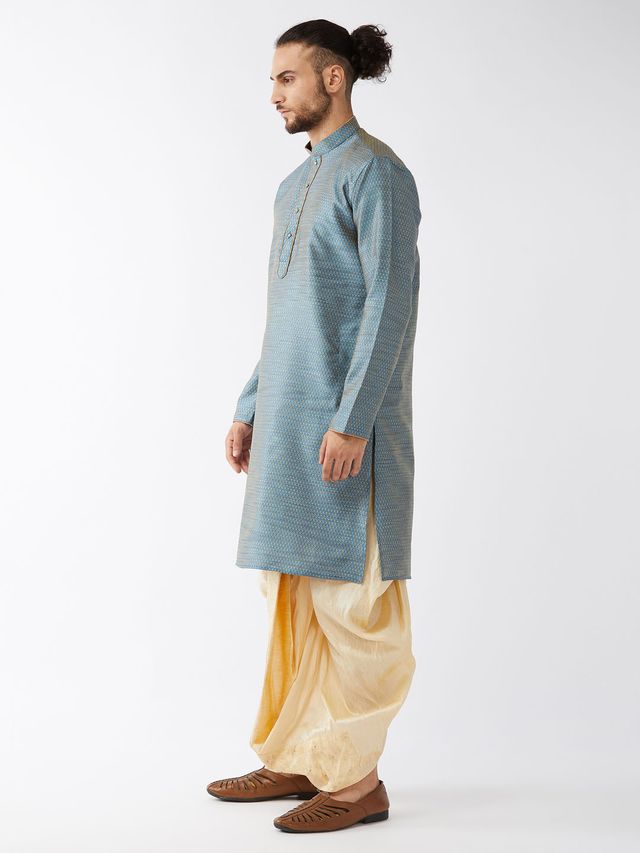 Men's Aqua Silk Blend Straight Kurta and Dhoti Set